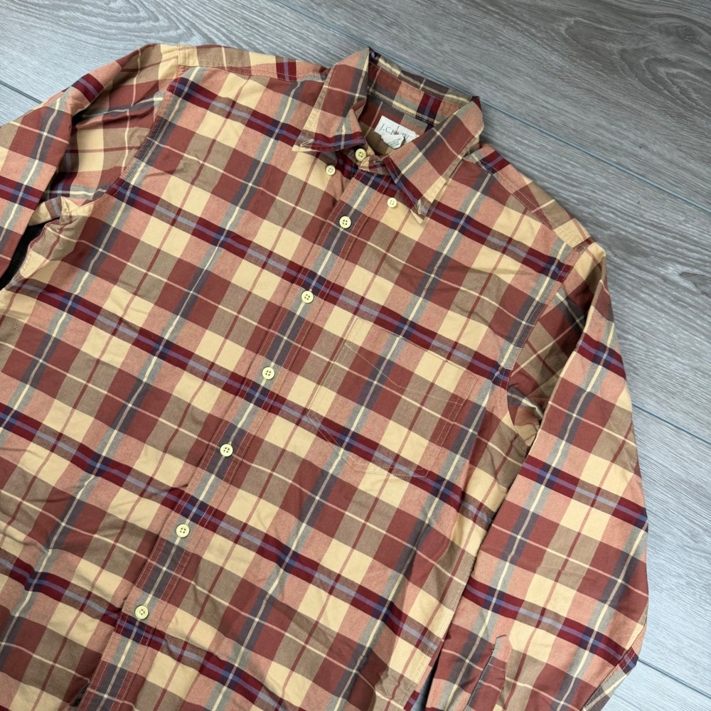 J.Crew Mens Button Down Shirt Plaid Cotton Long Sleeve Brown Red Tan Medium M